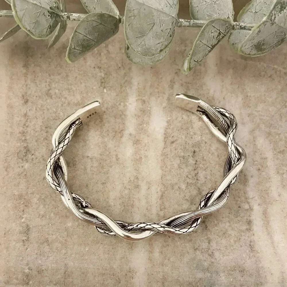 925 Sterling Silver Mens Bangle Bracelet Vintage Cuff Twist Bracelet Modern Cuff